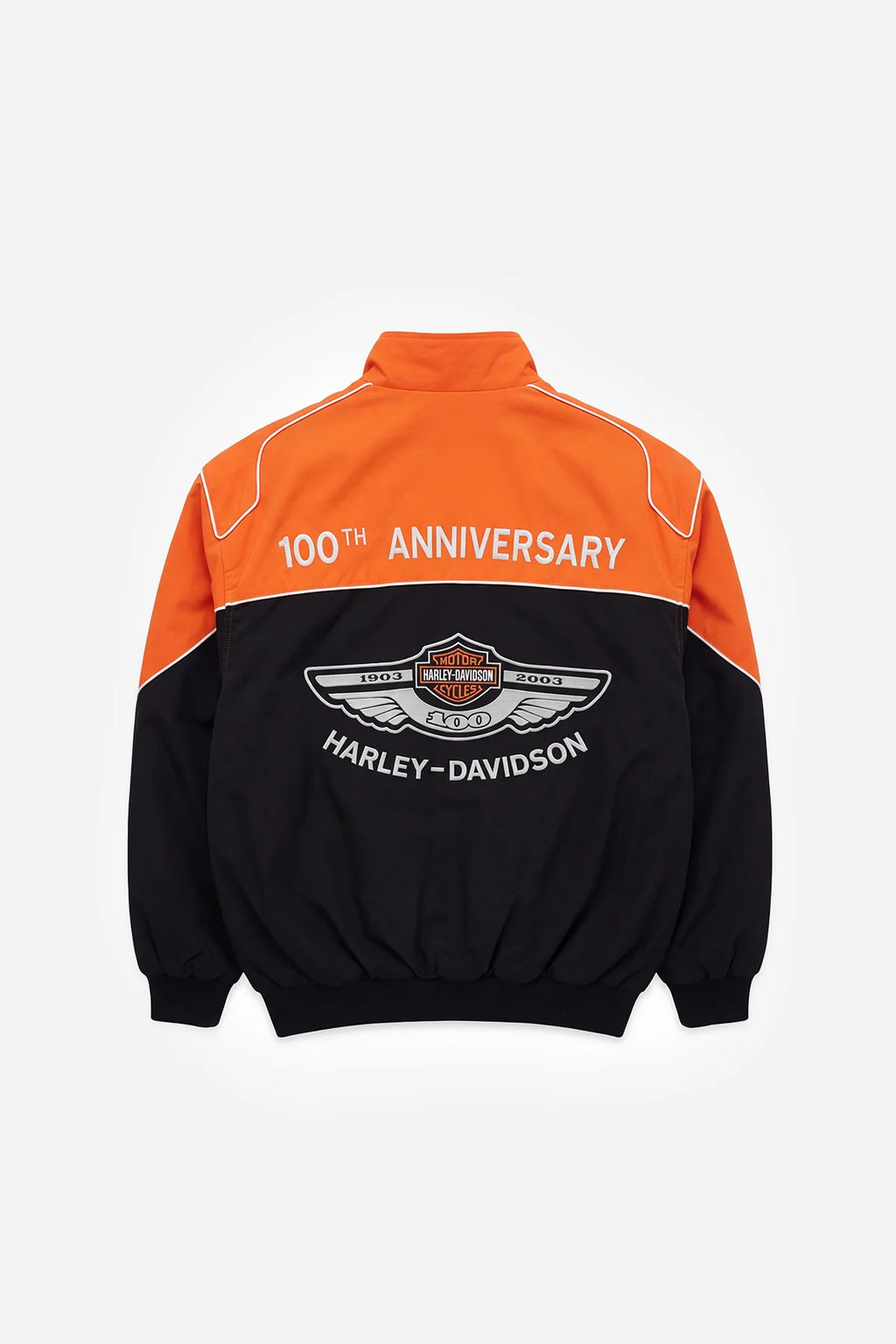 Harley-Davidson 100th Anniversary orange and black racing jacket with winged logo from revnhaus