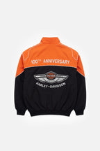 Harley-Davidson 100th Anniversary orange and black racing jacket with winged logo from revnhaus