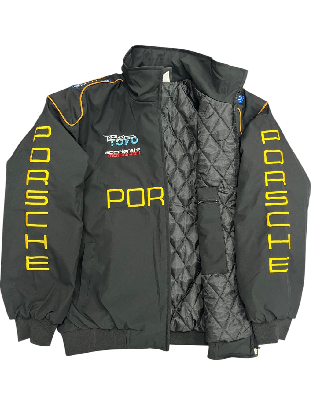Black motorsport jacket with yellow 'MOTUL' sleeves and 'Team TOYO' logo, quilted lining, from revnhaus