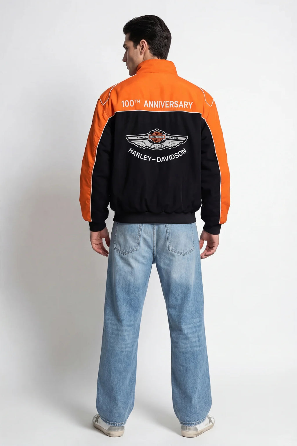 Orange and black Harley-Davidson 100th Anniversary jacket back view from revnhaus