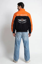 Orange and black Harley-Davidson 100th Anniversary jacket back view from revnhaus