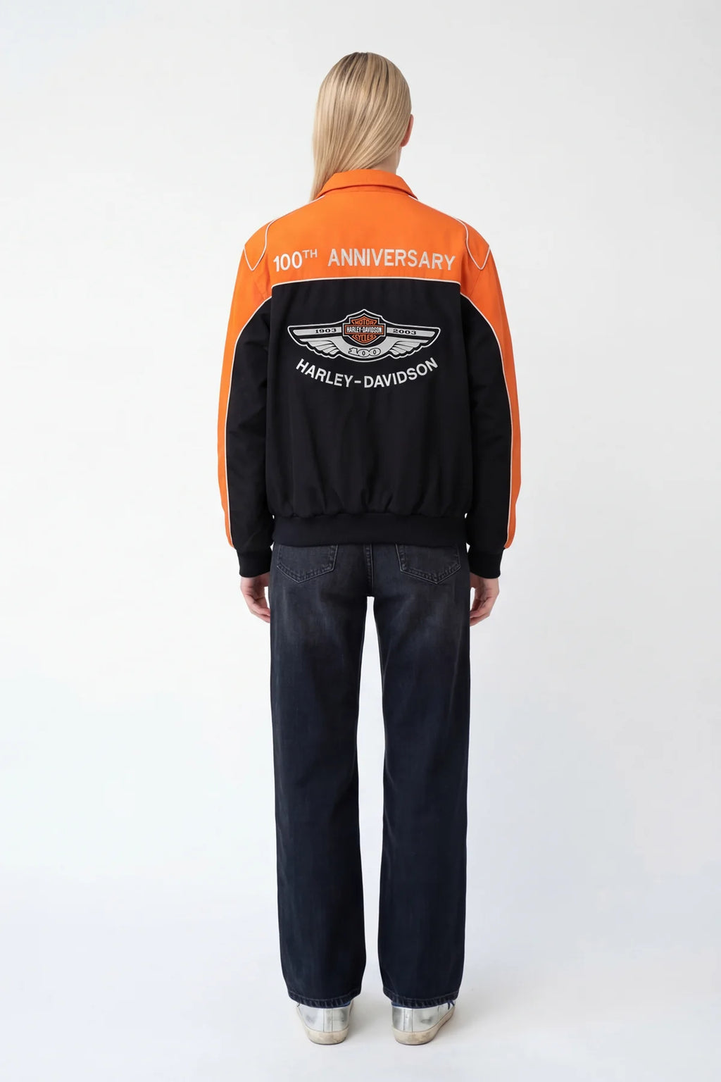 Harley-Davidson 100th Anniversary racing jacket, orange and black, back view from revnhaus