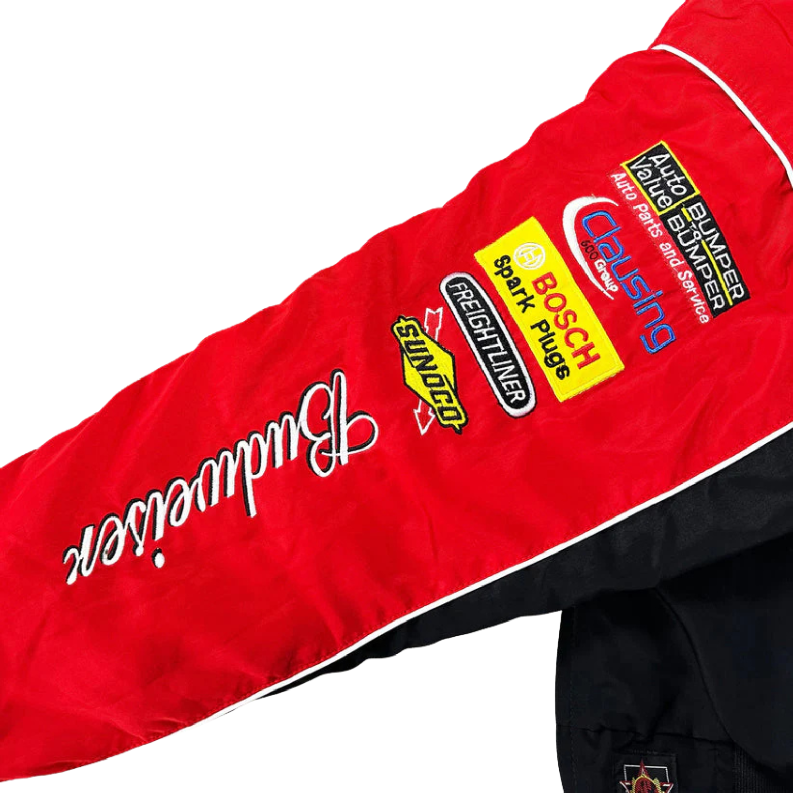 Red racing jacket sleeve with Budweiser, Sunoco, Bosch, and Freightliner patches from revnhaus