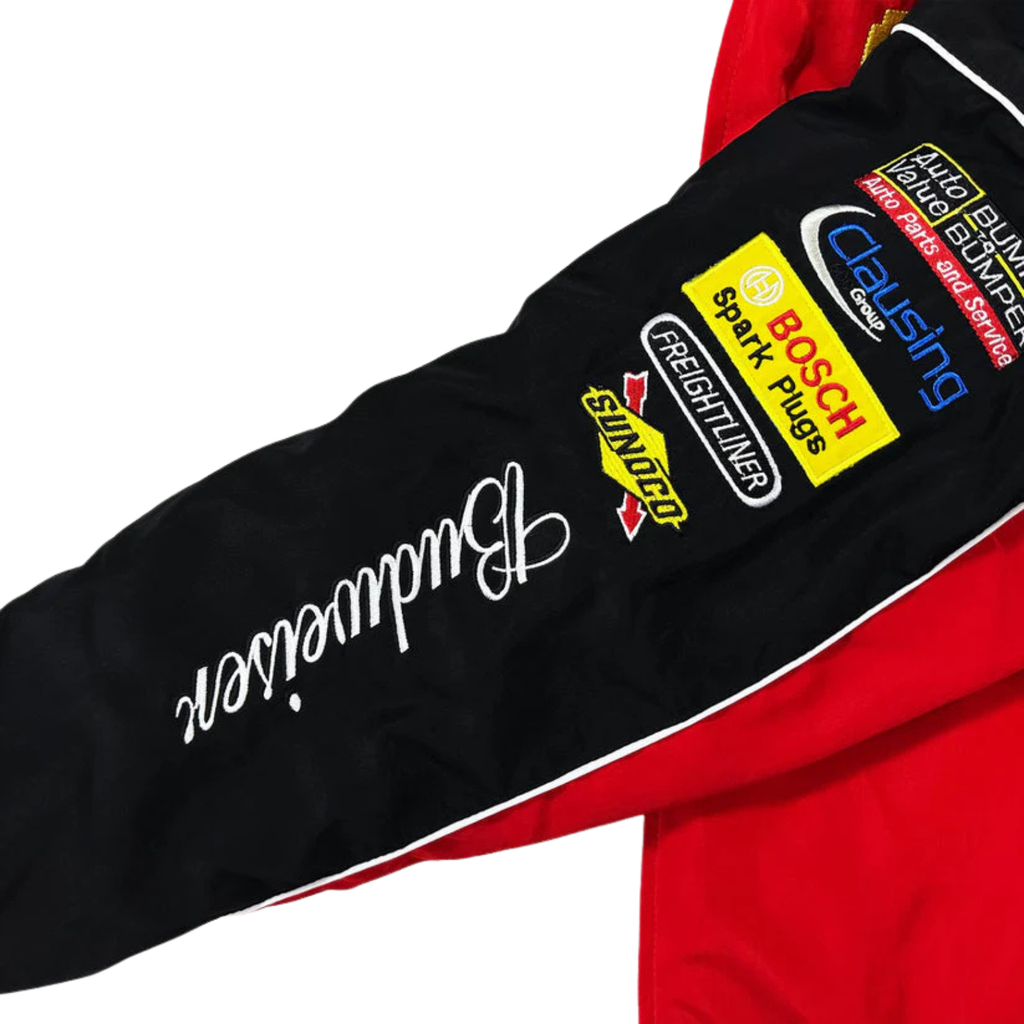Budweiser racing jacket sleeve with sponsor patches including Bosch, Sunoco, and Freightliner from revnhaus