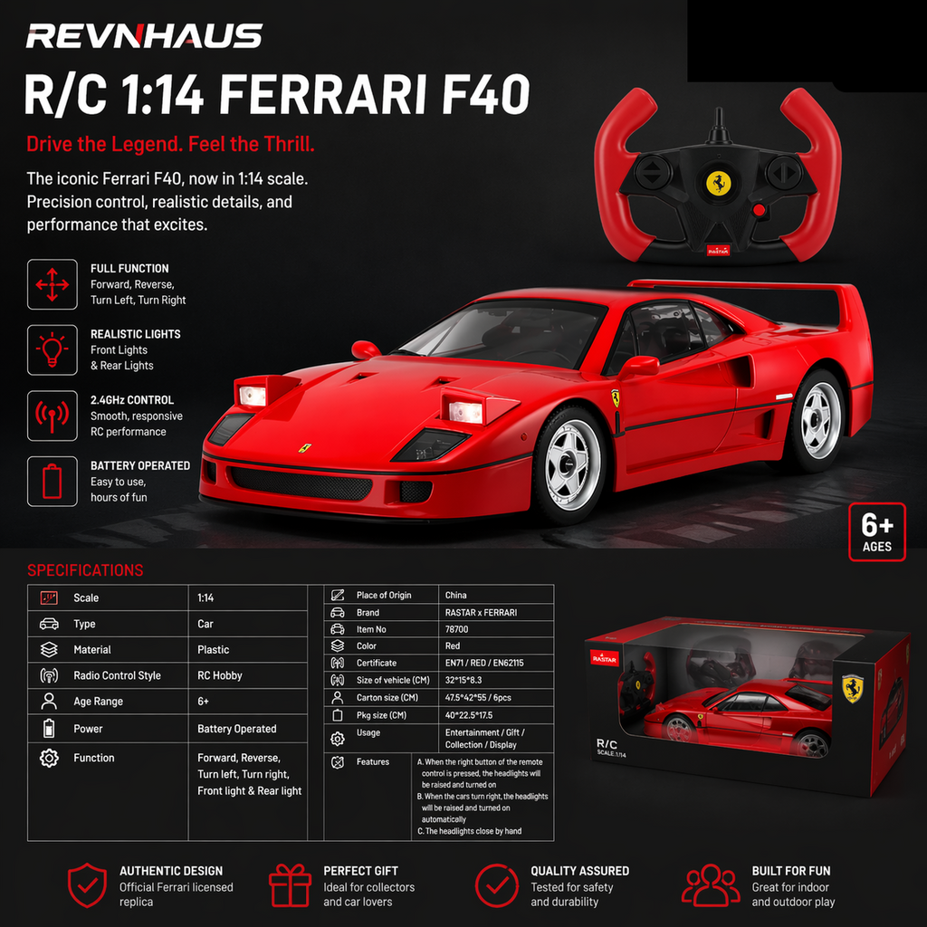 Red 1:14 scale R/C Ferrari F40 remote control car with realistic lights and steering wheel controller from revnhaus
