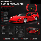 Red 1:14 scale R/C Ferrari F40 remote control car with realistic lights and steering wheel controller from revnhaus