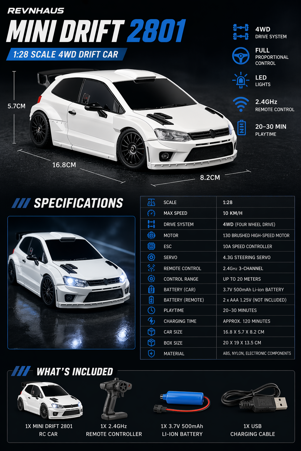 White 1:28 scale 4WD RC drift car with LED lights and 2.4GHz remote control from revnhaus