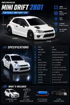 White 1:28 scale 4WD RC drift car with LED lights and 2.4GHz remote control from revnhaus
