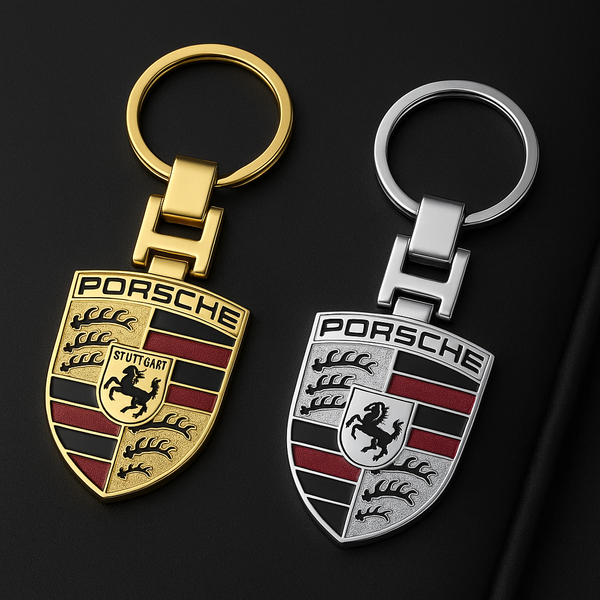 Porsche crest keychains in gold and silver finish, premium automotive accessories from revnhaus