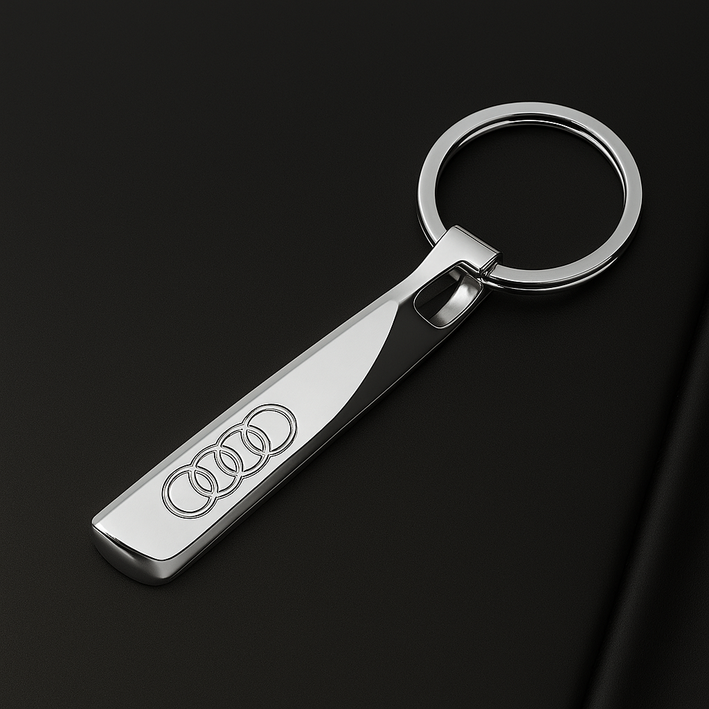 Shiny metal keychain with Audi logo, sleek automotive accessory from revnhaus