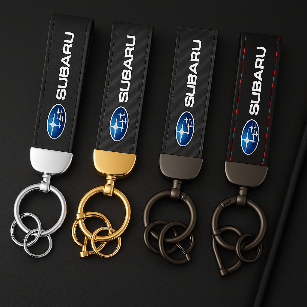 Subaru keychains with logo, leather straps, and metal rings in silver, gold, and bronze from revnhaus