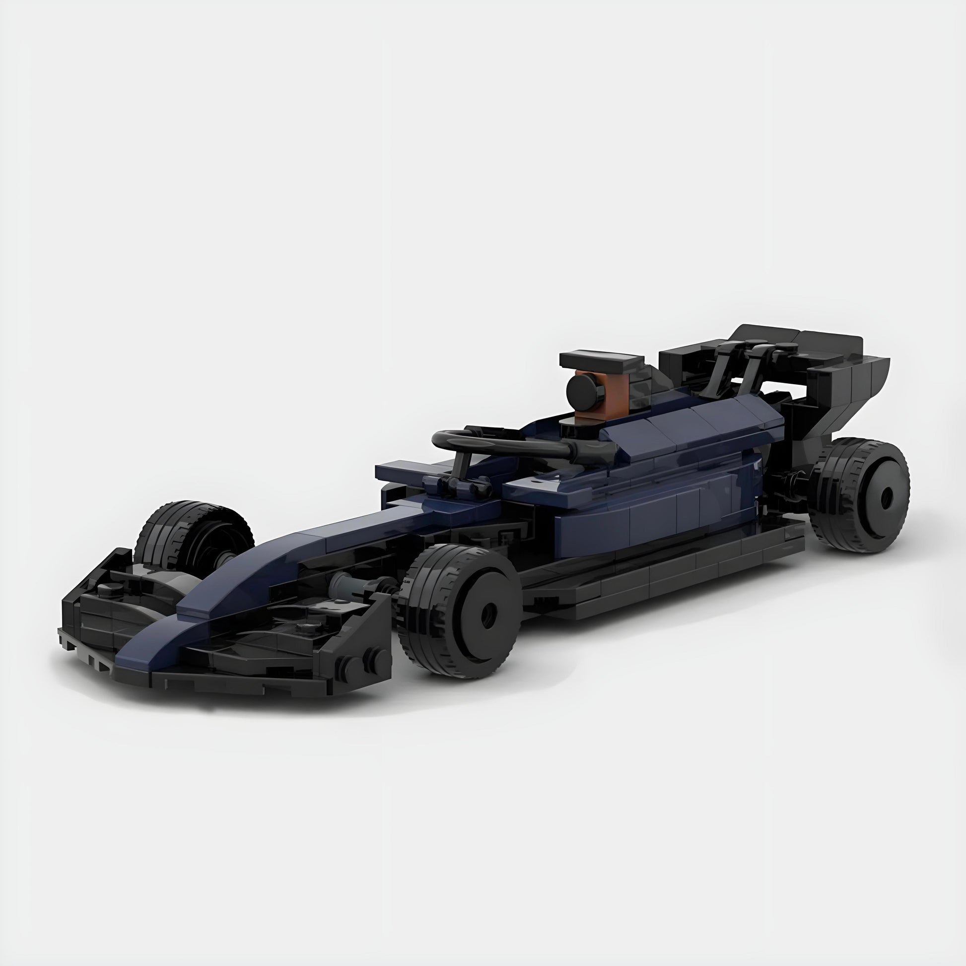 Blue and black LEGO-style F1 race car model with driver, from revnhaus