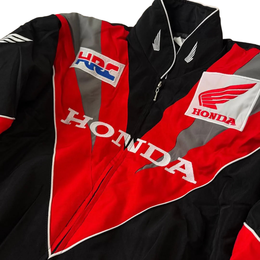 Honda HRC racing jacket with red, black, and gray design from revnhaus
