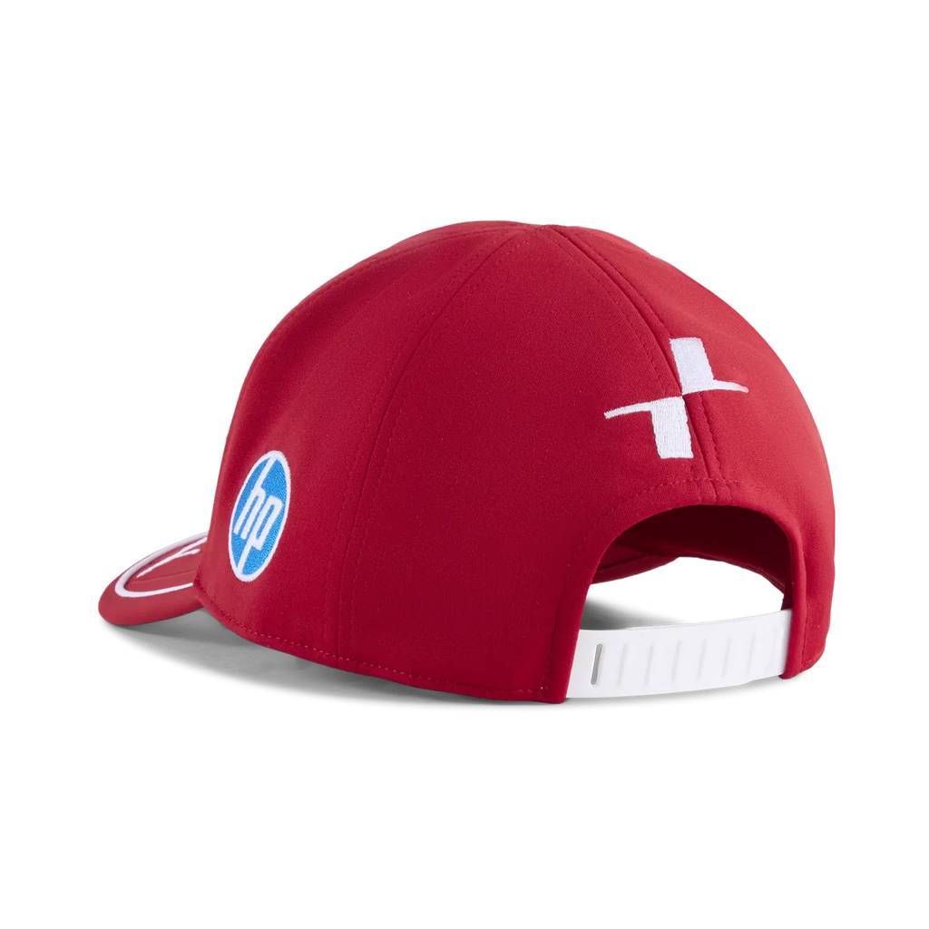 Red motorsport cap with HP logo and white cross emblem from revnhaus