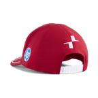 Red motorsport cap with HP logo and white cross emblem from revnhaus