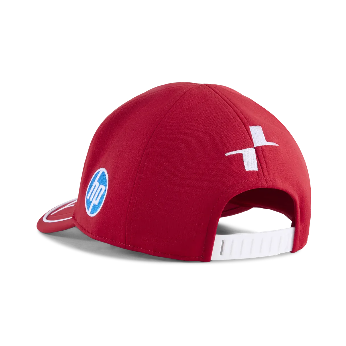 Red motorsport cap with HP logo and white cross emblem from revnhaus