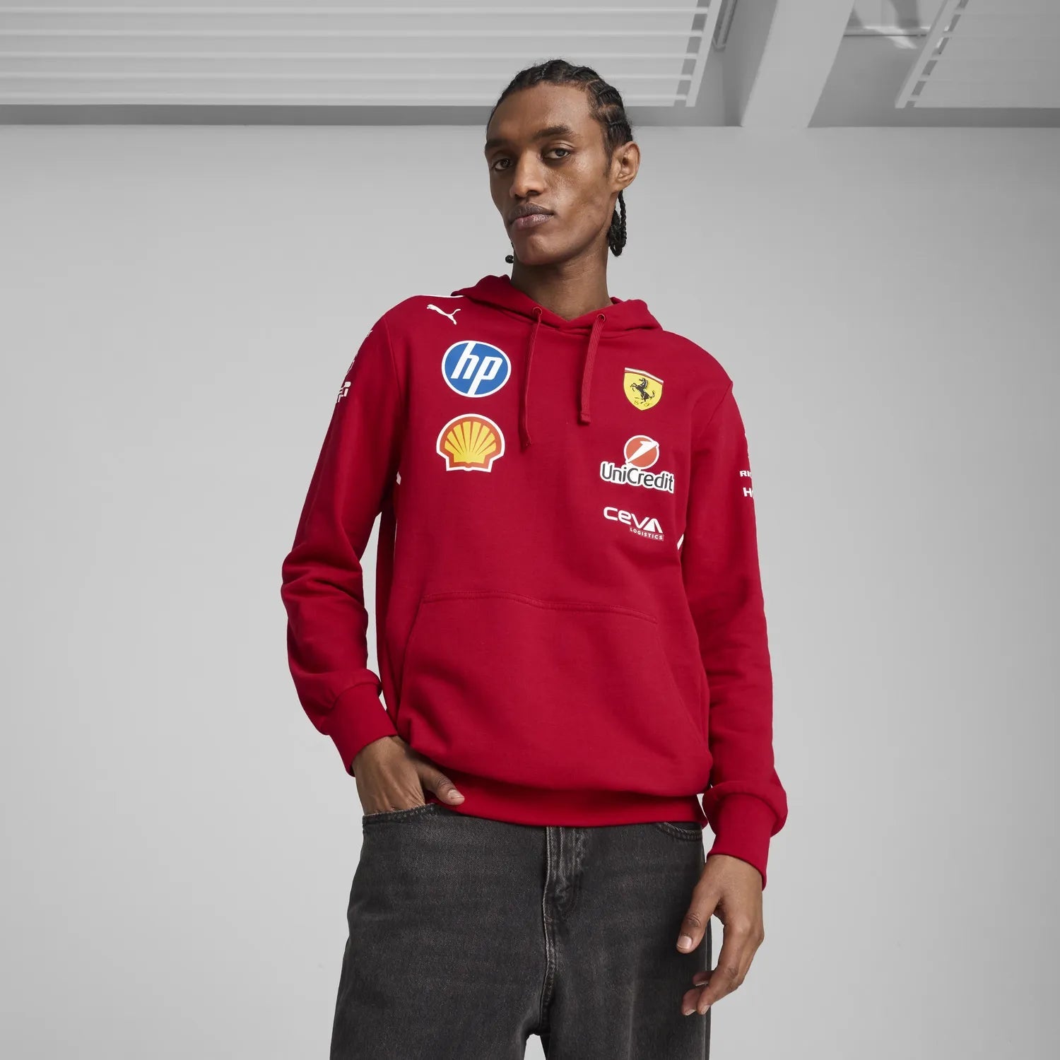 Red Ferrari F1 team hoodie with sponsor logos, motorsport apparel from revnhaus