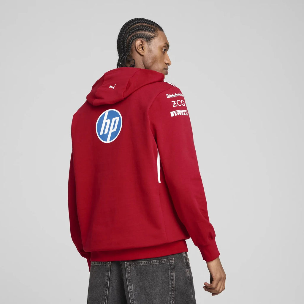 Red F1 racing hoodie with HP, Pirelli, ZCG logos, worn by model from revnhaus