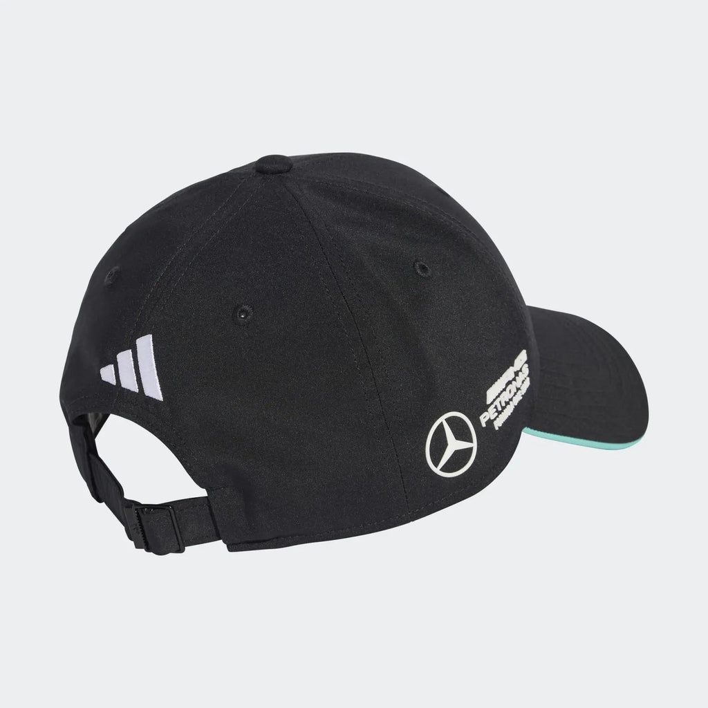 Black Mercedes-AMG Petronas F1 Team cap with white logos and mint trim from revnhaus