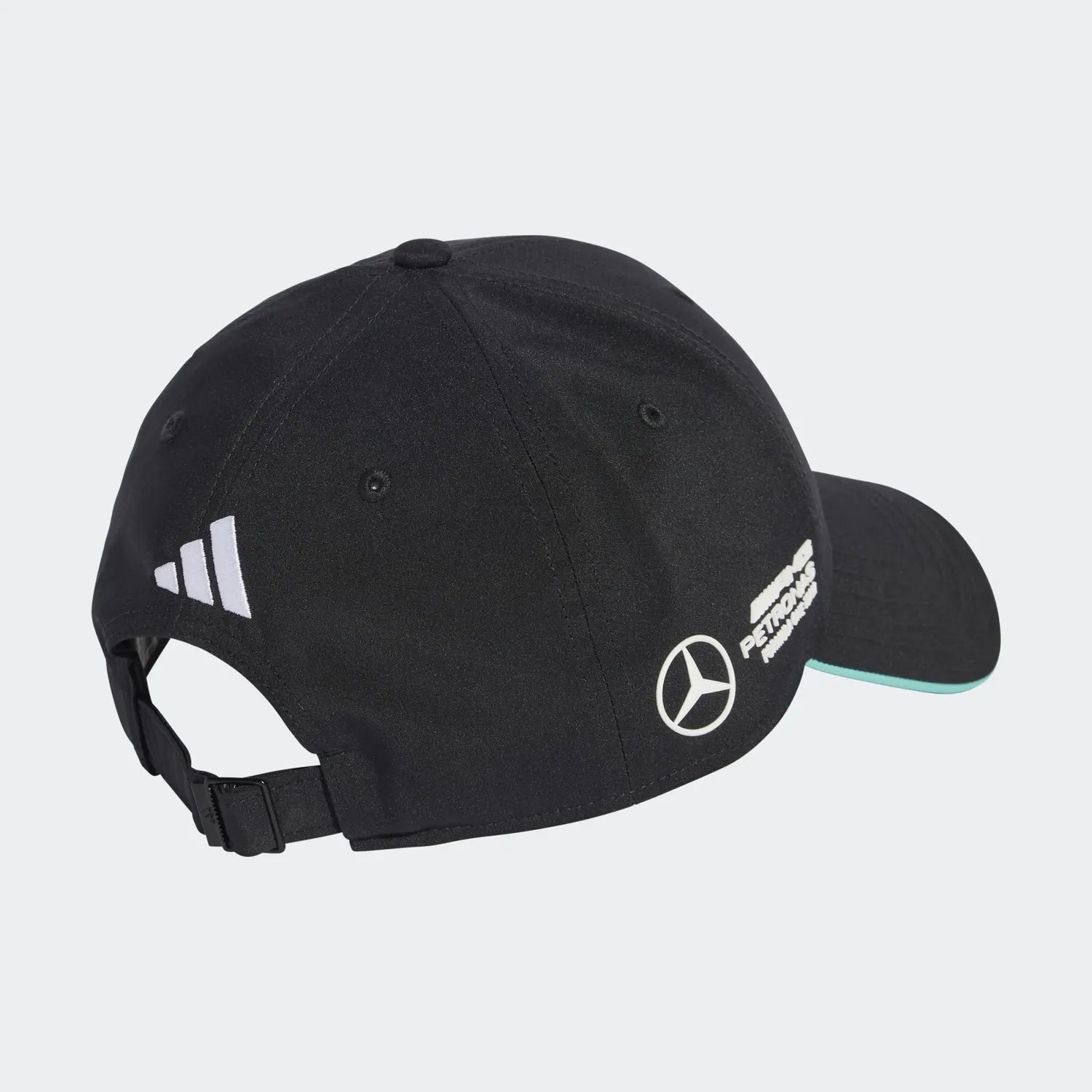 Black Mercedes-AMG Petronas F1 Team cap with white logos and mint trim from revnhaus