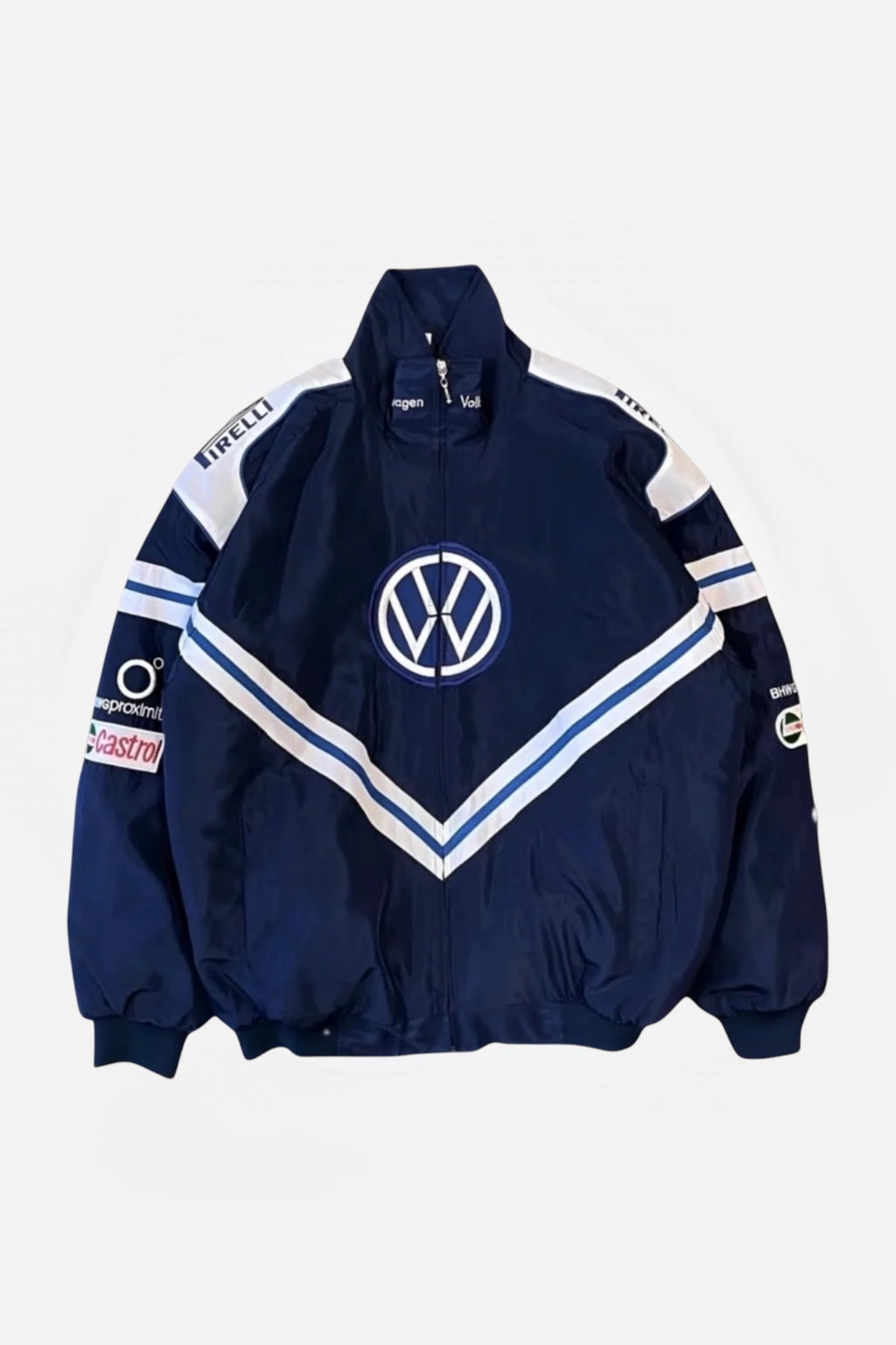Navy blue Volkswagen racing jacket with Pirelli and Castrol logos, motorsport apparel from revnhaus