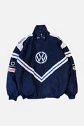 Navy blue Volkswagen racing jacket with Pirelli and Castrol logos, motorsport apparel from revnhaus