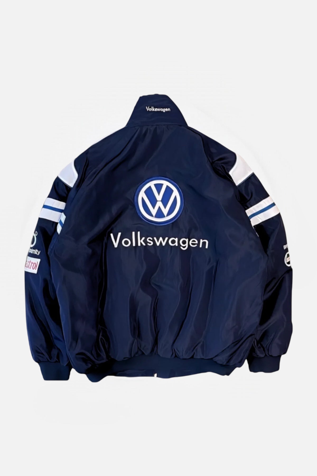 Navy Volkswagen racing bomber jacket with logo and sponsor patches from revnhaus