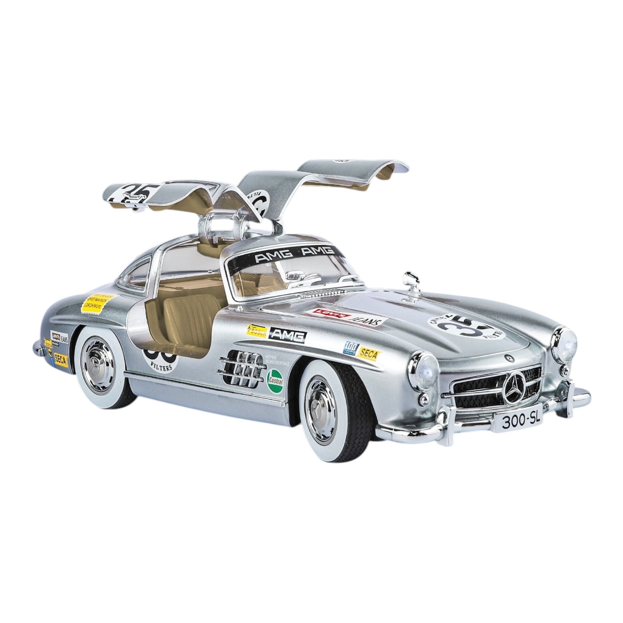 Silver Mercedes 300 SL die-cast model with gullwing doors open, racing decals, from revnhaus