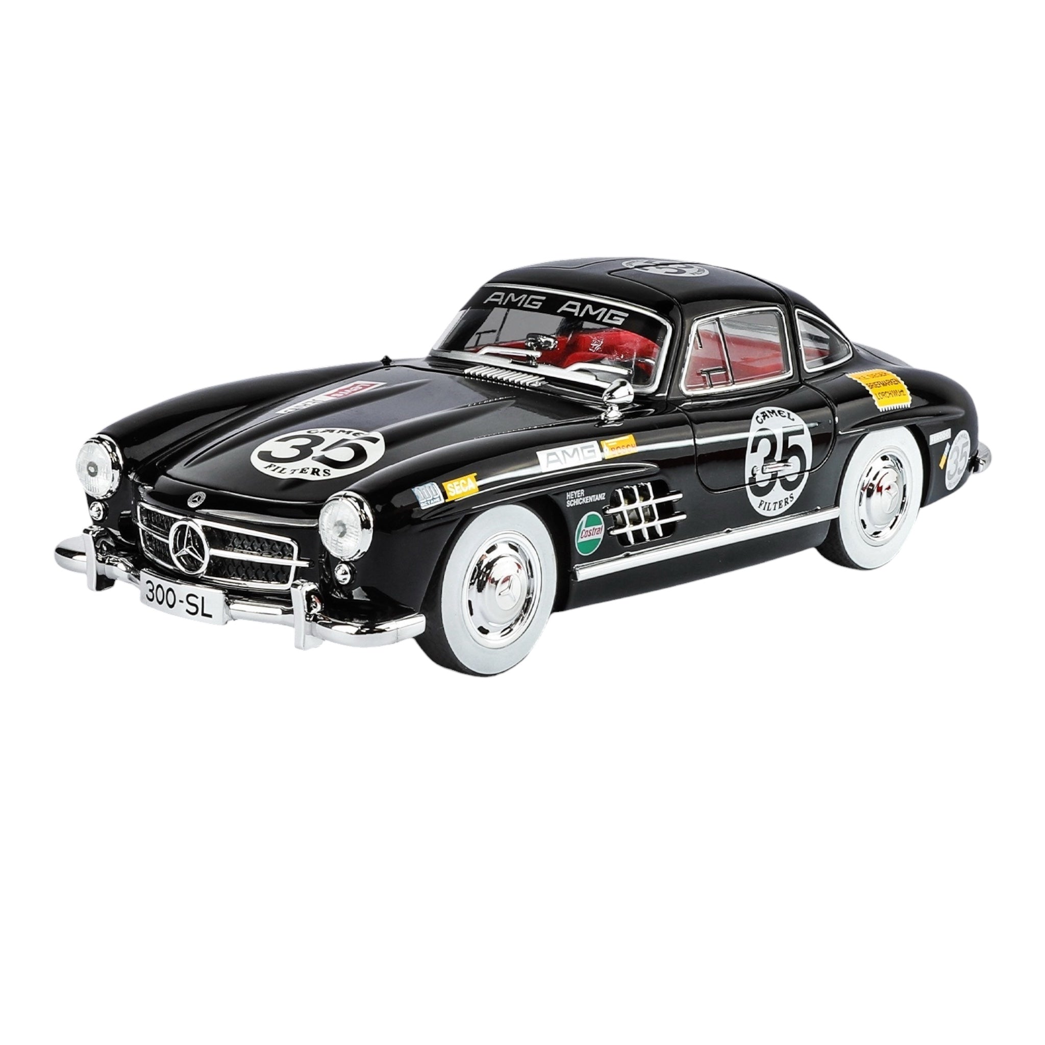 Black Mercedes 300 SL race car die-cast model with #35 Camel livery, white walls, from revnhaus