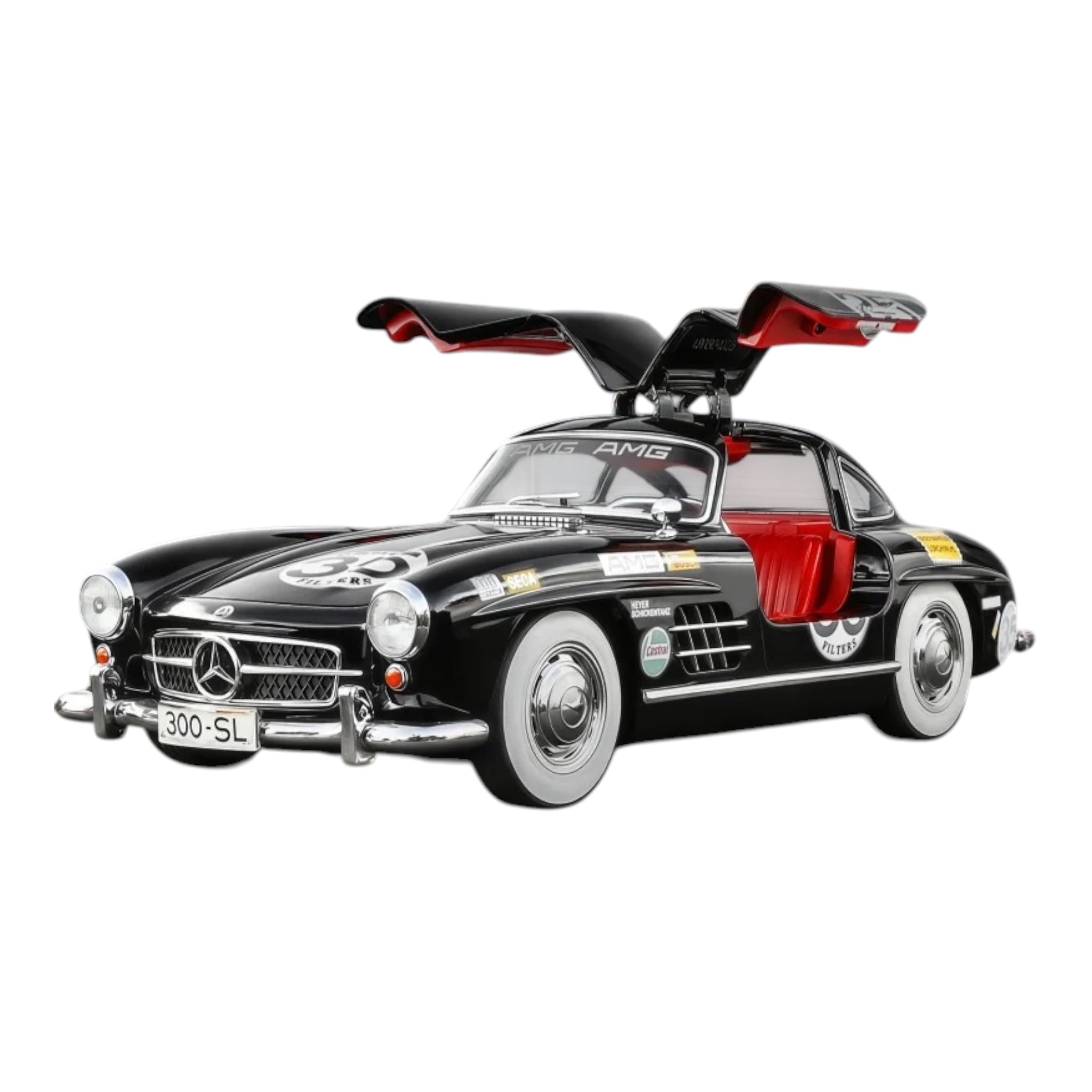 Black Mercedes 300 SL die-cast model with gullwing doors open, racing decals, from revnhaus