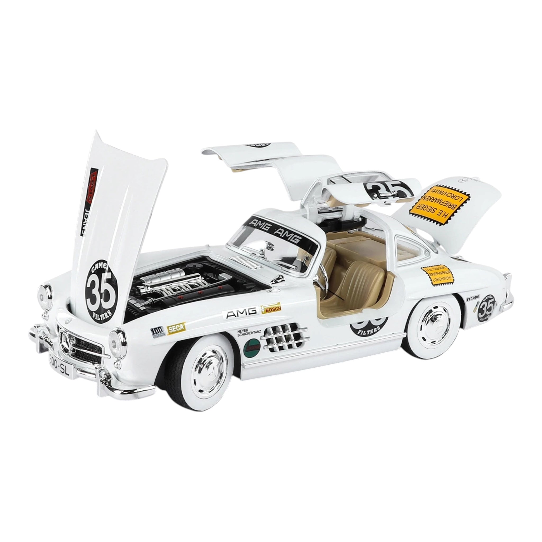 White AMG 300 SL die-cast model car with open doors, hood, and trunk, detailed engine and interior from revnhaus