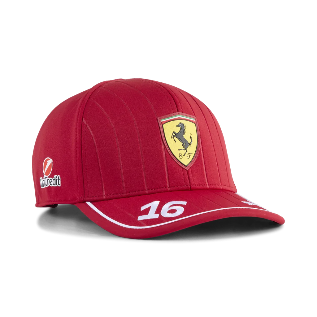 Red Ferrari racing cap with prancing horse logo, number 16, and UniCredit sponsor, from revnhaus