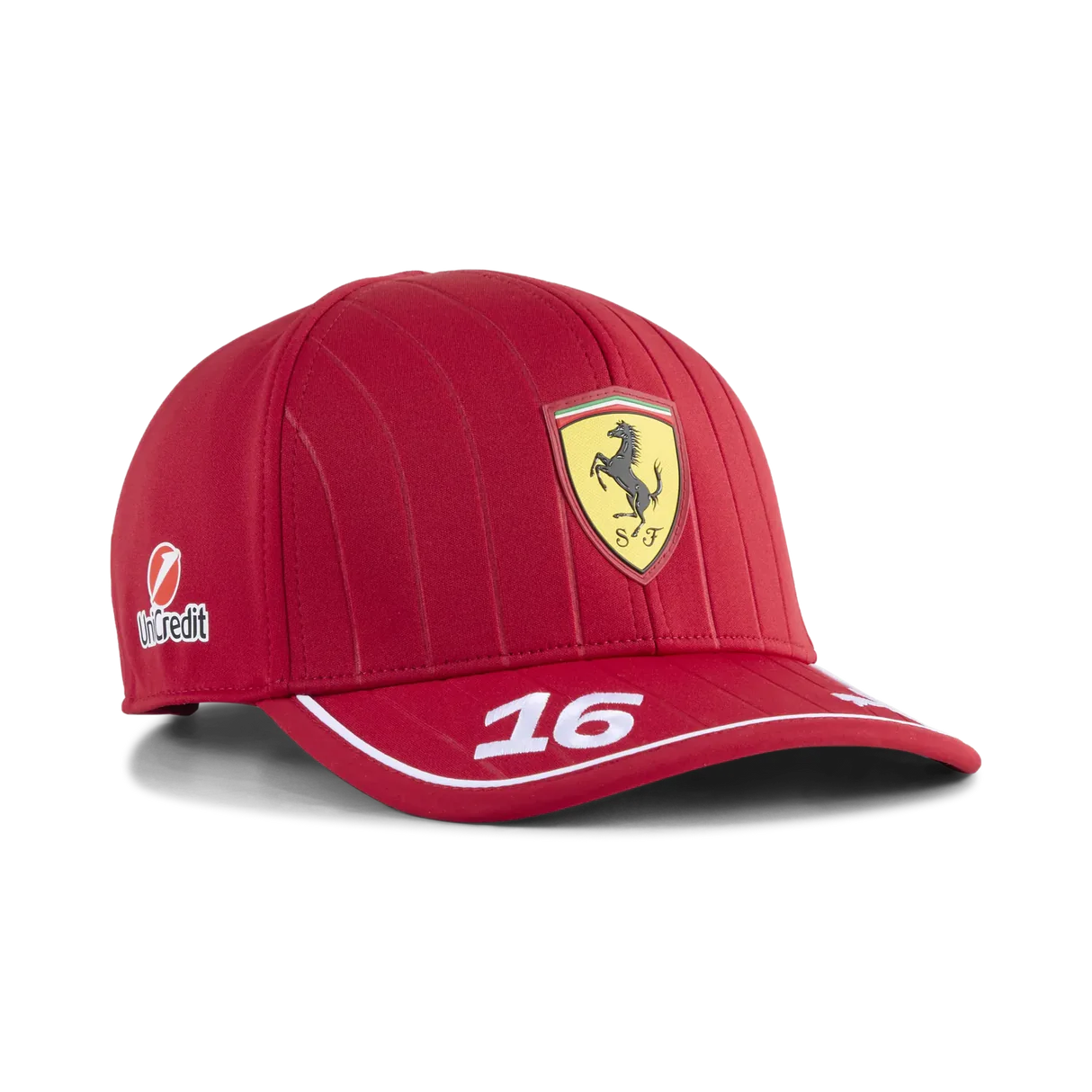 Red Ferrari racing cap with prancing horse logo, number 16, and UniCredit sponsor, from revnhaus