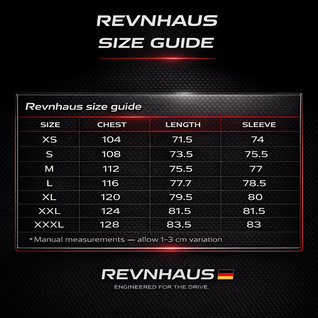 RevnHaus size guide for racing jackets with chest, length, sleeve measurements from revnhaus