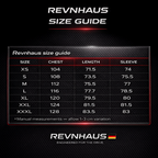 RevnHaus size guide for racing jackets with chest, length, sleeve measurements from revnhaus