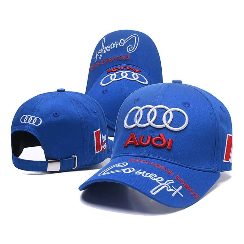Blue Audi motorsport cap with embroidered logo and 'Exclusive Edition' text from revnhaus