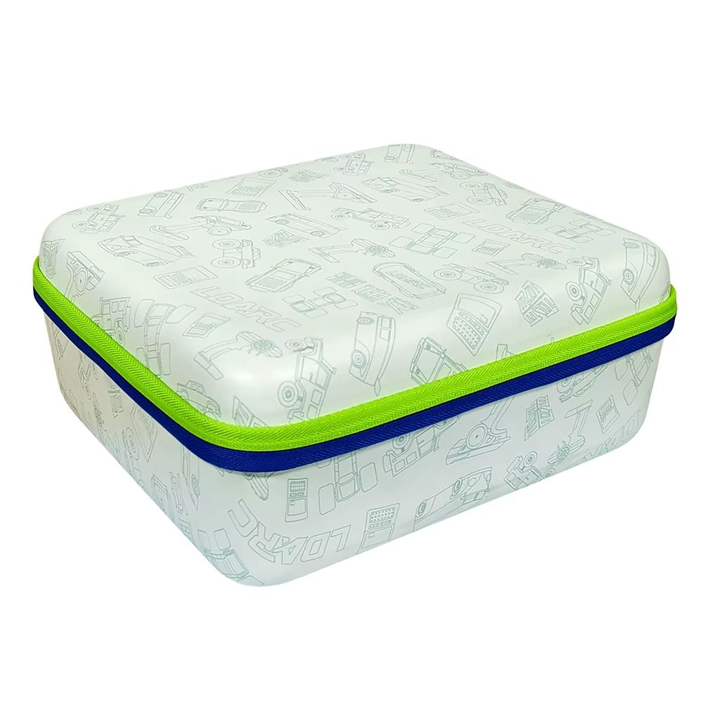 White car-themed lunchbox with green and blue trim from revnhaus