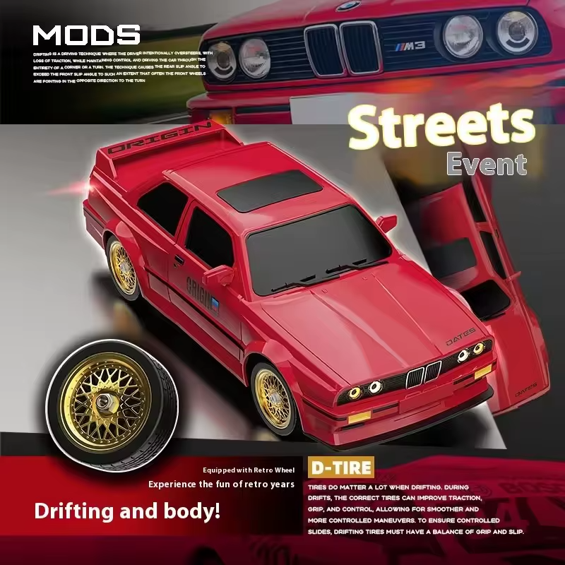 Red BMW M3 die-cast drift car with gold retro wheels, drifting body style from revnhaus