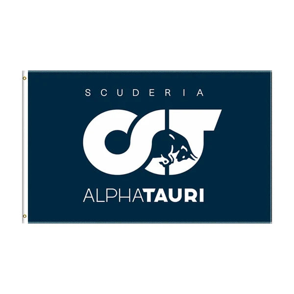 Scuderia AlphaTauri F1 team flag with bull logo on navy blue background from revnhaus