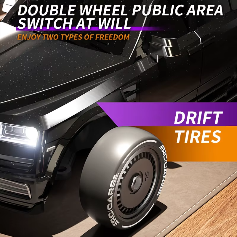 Black RC drift car with drift tires and double wheel switch feature from revnhaus