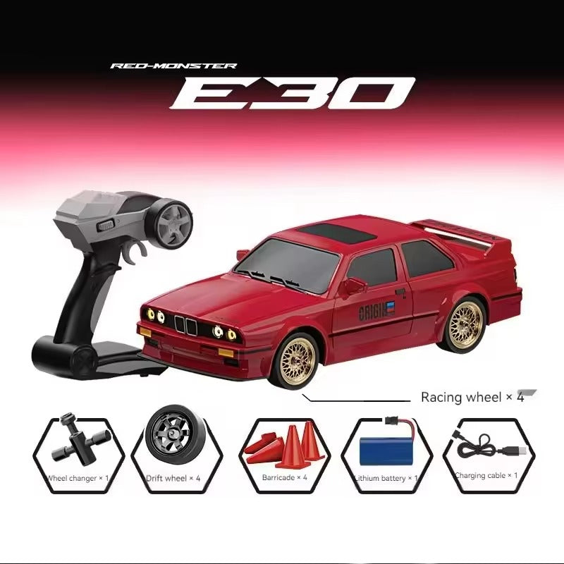 Red Monster E30 RC drift car with remote, racing wheels, and accessories from revnhaus