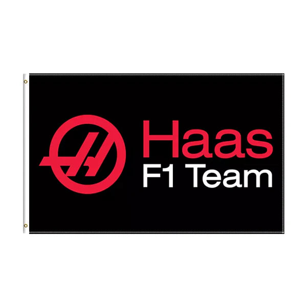Haas F1 Team flag with red logo on black background from revnhaus