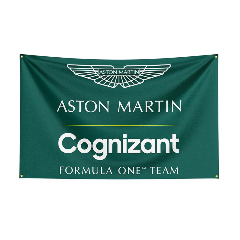Aston Martin Cognizant Formula One Team banner with winged logo on green background from revnhaus