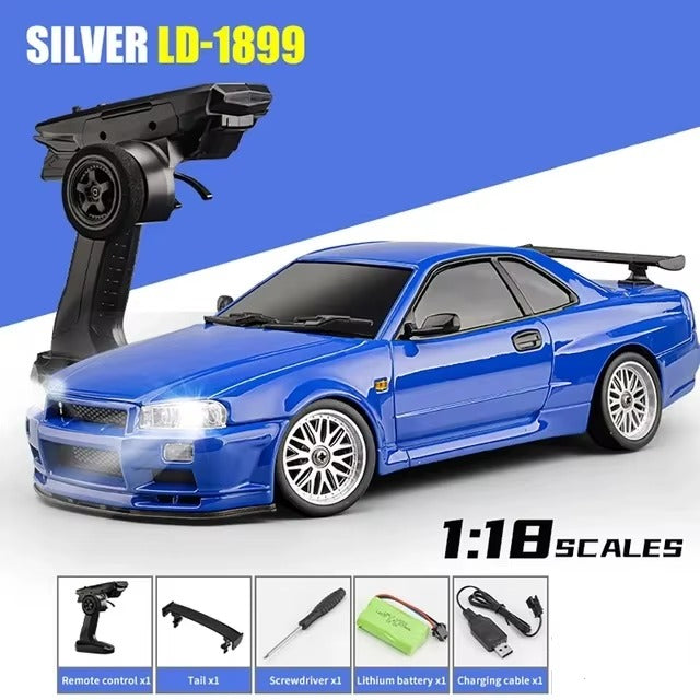 Blue 1:18 scale RC drift car with remote, battery, and tools from revnhaus