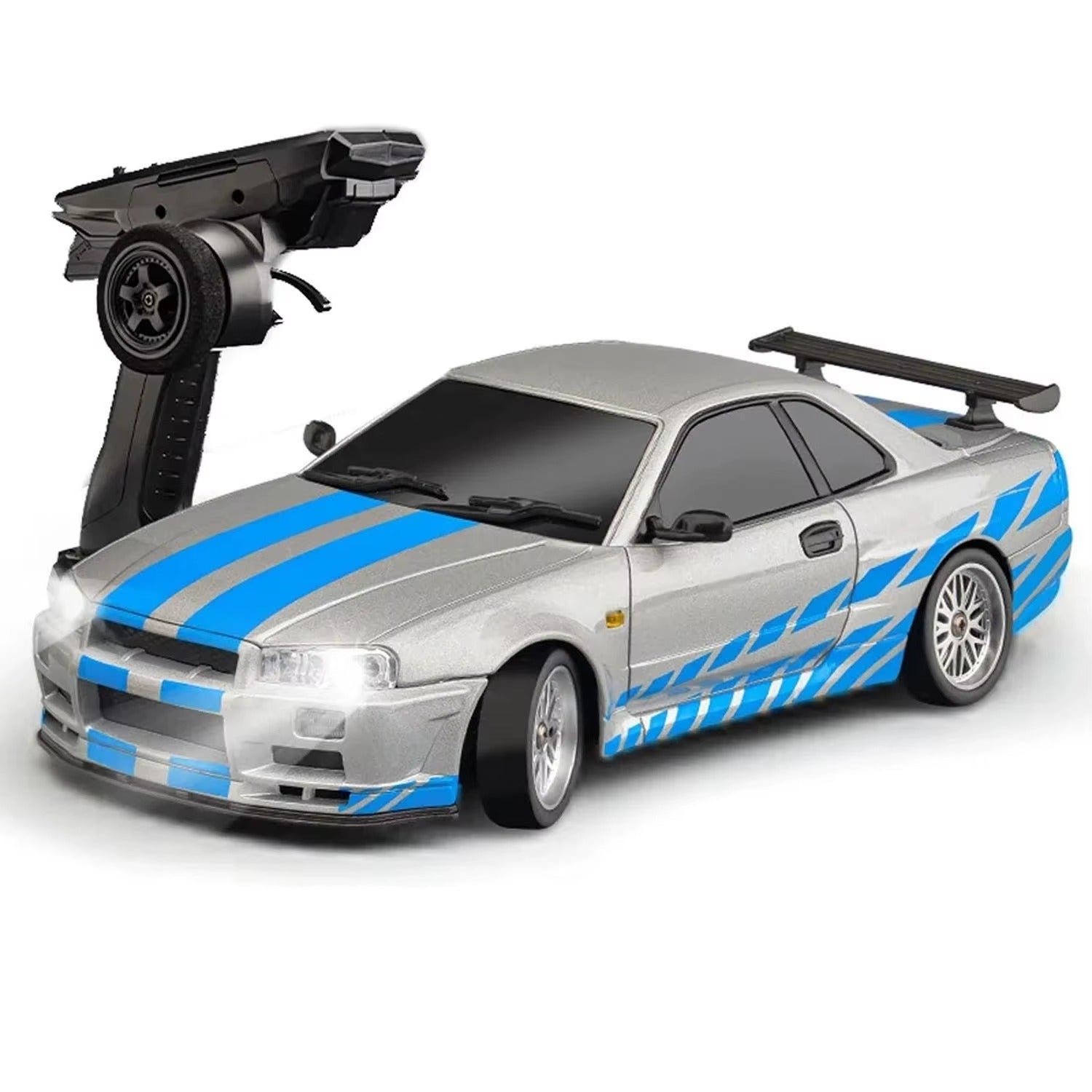 Silver RC drift car with blue racing stripes and remote controller from revnhaus