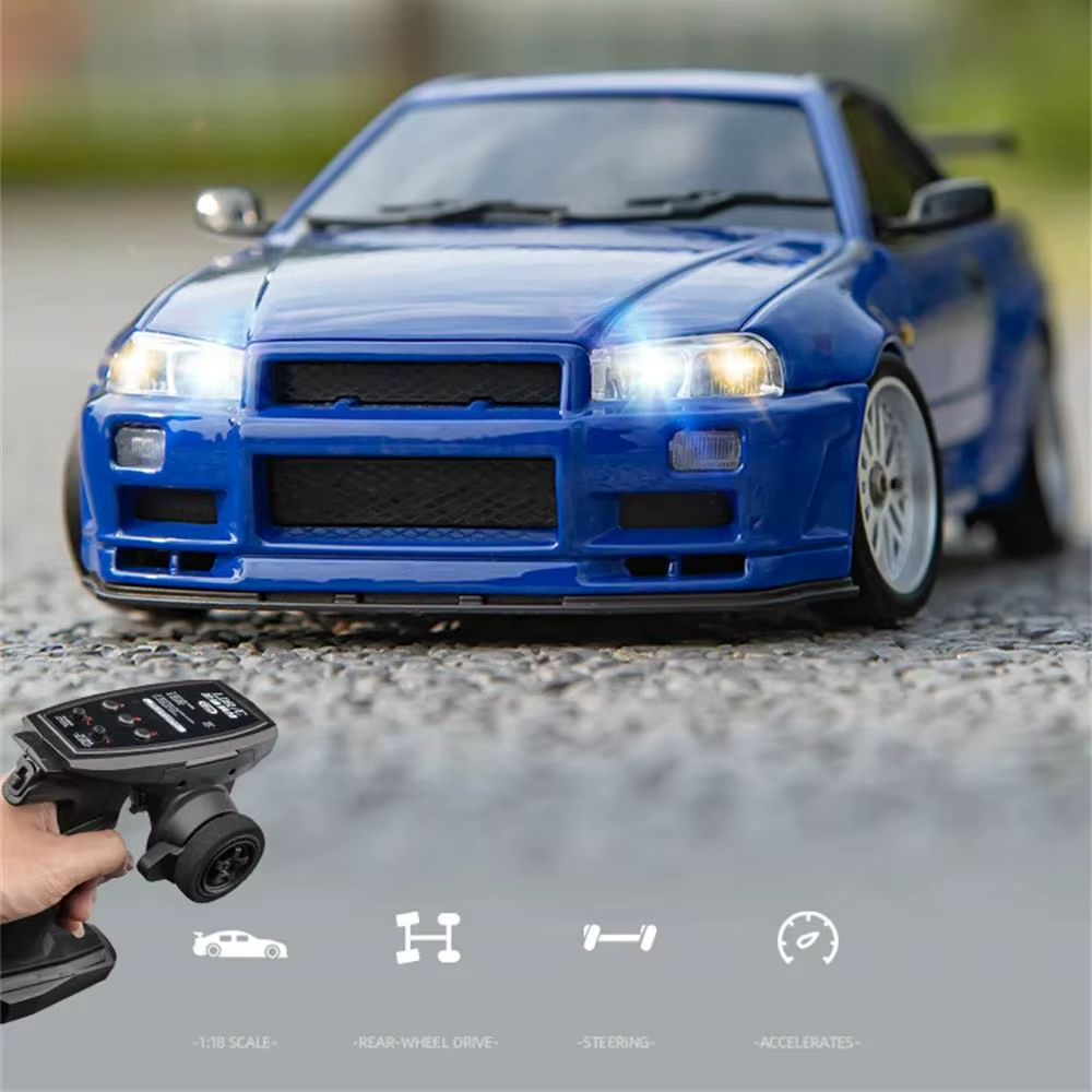 Blue 1:18 scale RC drift car with remote control, rear-wheel drive, steering, accelerates from revnhaus