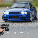 Blue 1:18 scale RC drift car with remote control, rear-wheel drive, steering, accelerates from revnhaus