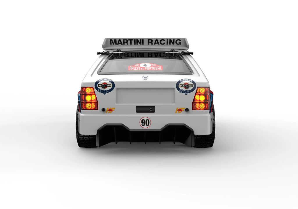 Martini Racing Lancia rally car rear view, 1975 Portugal Rally, die-cast collectible from revnhaus