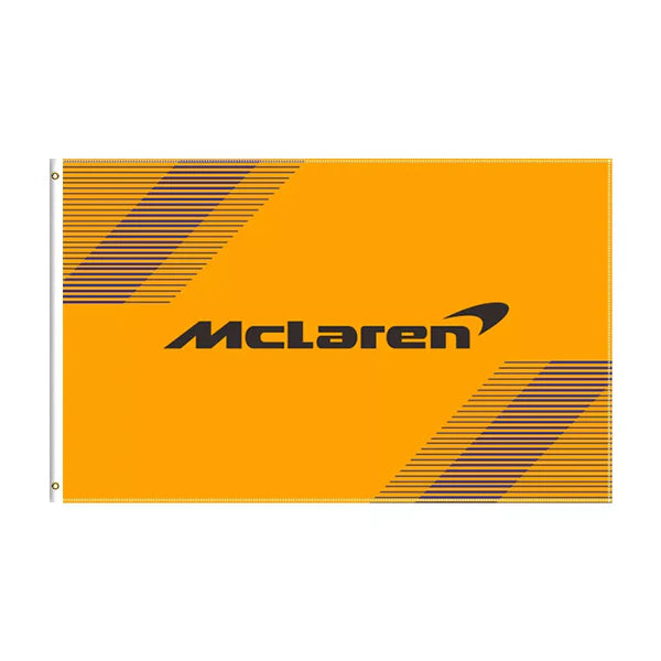 McLaren racing flag with orange background and black logo, from revnhaus