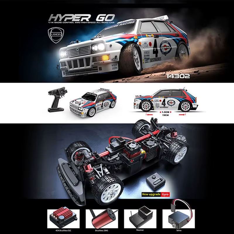 1/14 scale Lancia Rally RC car with Martini livery, brushless motor, gyro, and remote control from revnhaus